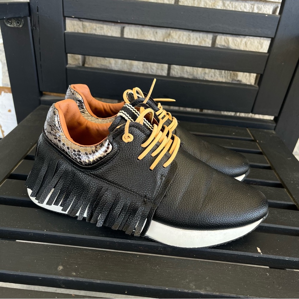 Shushop Black Leather Fringe Pepa Sneakers Size 8.5